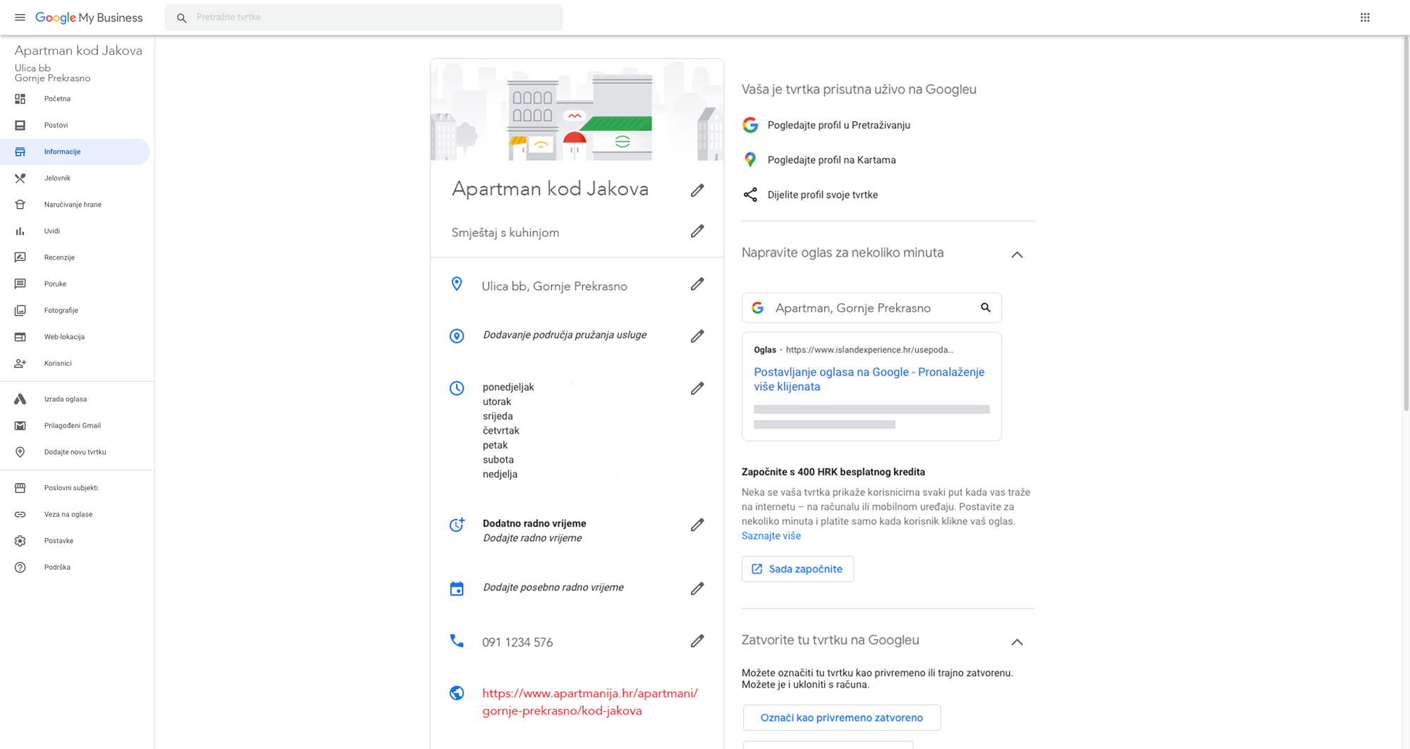 Informacije o tvrtki na Google My Business