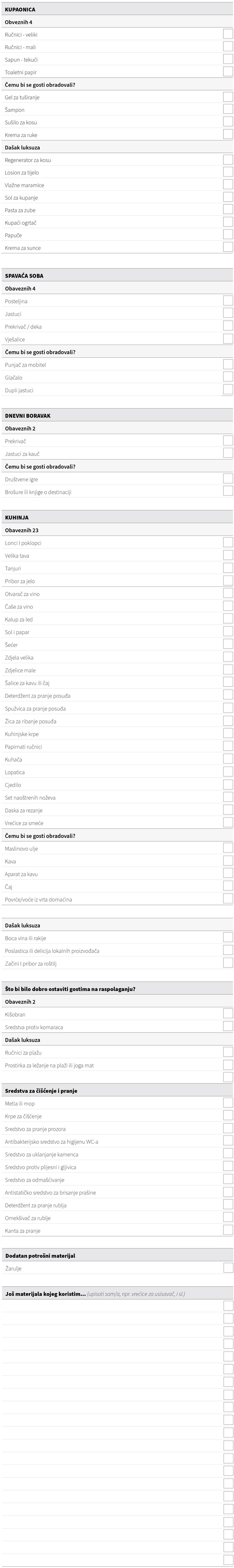 Popis potrošnog materijala za apartman