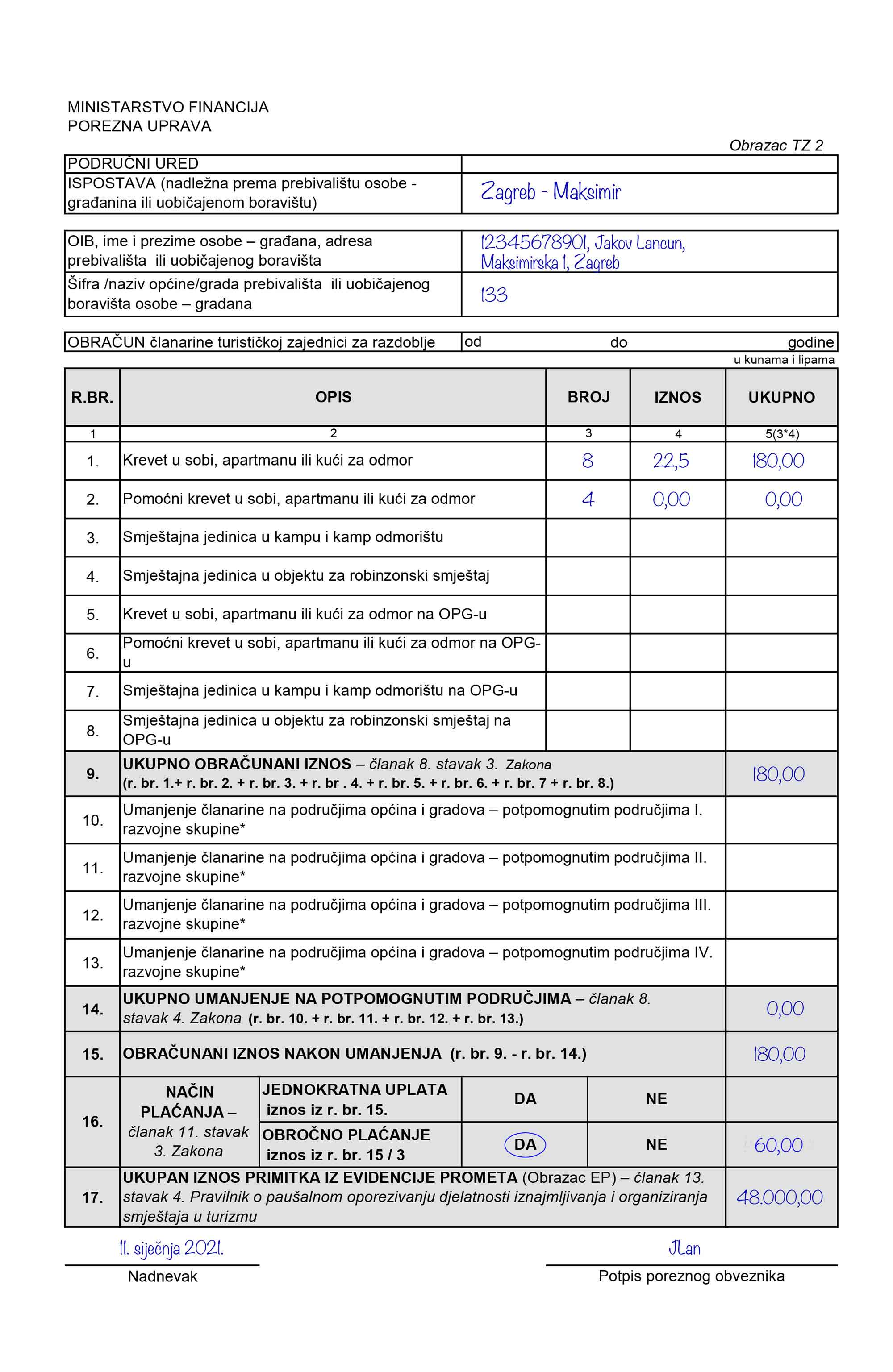 Primjer ispunjenog obrasca TZ 2