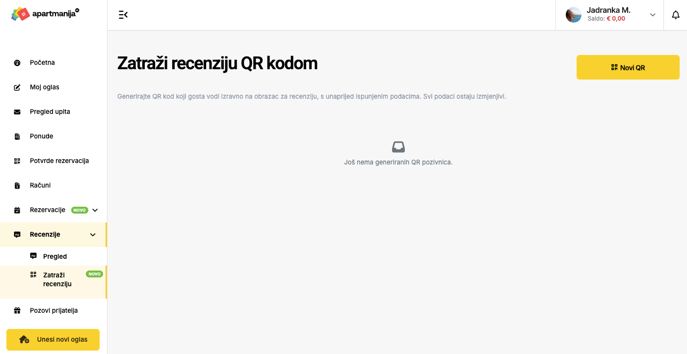 Apartmanija.hr novo sučelje - QR kod s pozivnicom za ostavljanje recenzije