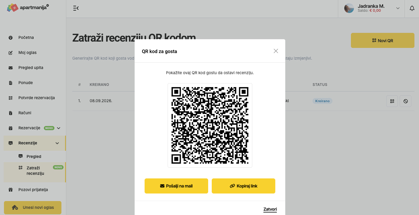 Apartmanija.hr novo sučelje - QR kod s pozivnicom za ostavljanje recenzije