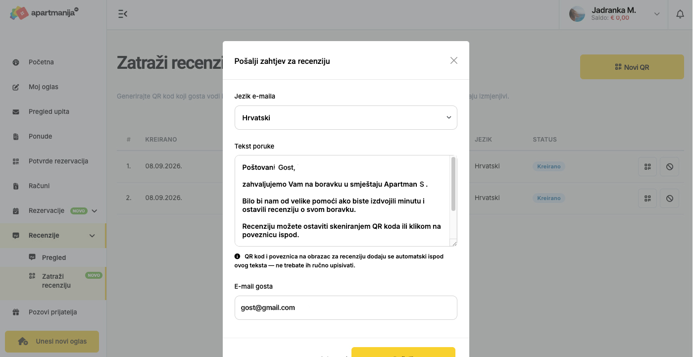 Apartmanija.hr novo sučelje - QR kod s pozivnicom za ostavljanje recenzije
