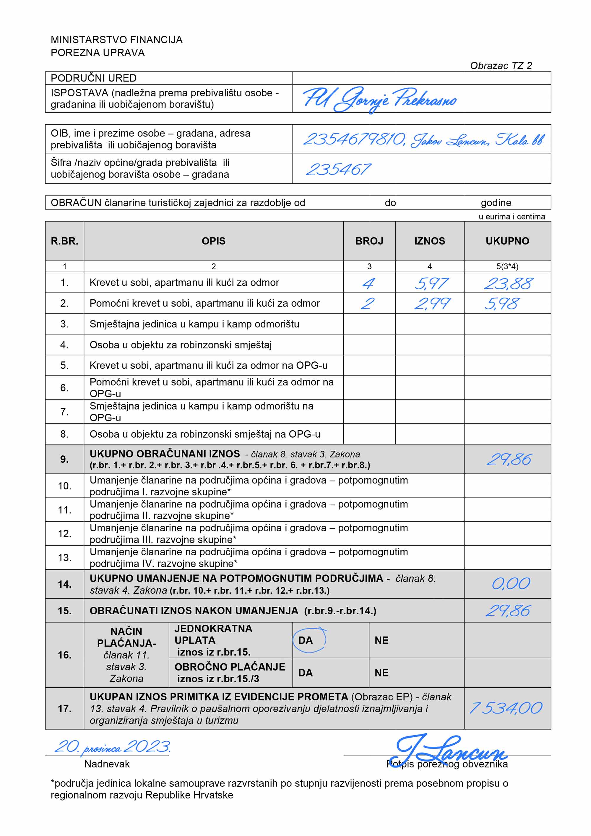 Ispunjen obrazac TZ 2 - primjer