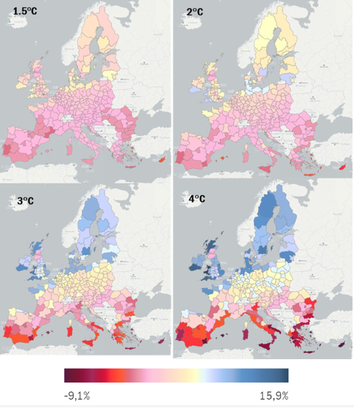 Karta turističke potražnje u Europi u slučaju porasta globalnih temperatura
